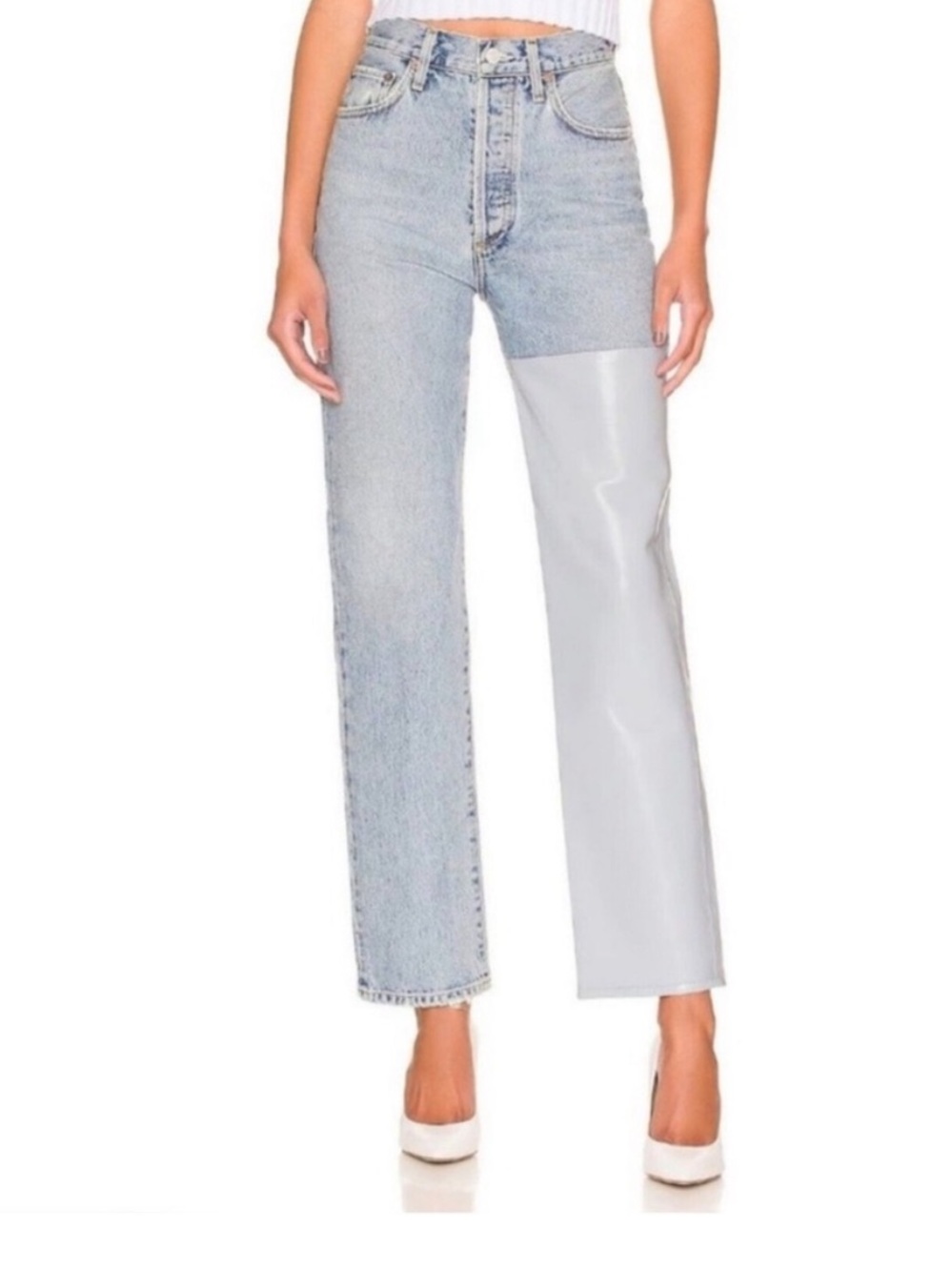 AGOLDE Pierced 90s Straight High-Waist One Light Blue Leather Leg Panel